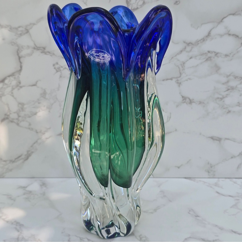 Royal Gallery Poland Art Glass Vase Blue Green Pulled Rim 1999 Federated 10 inch